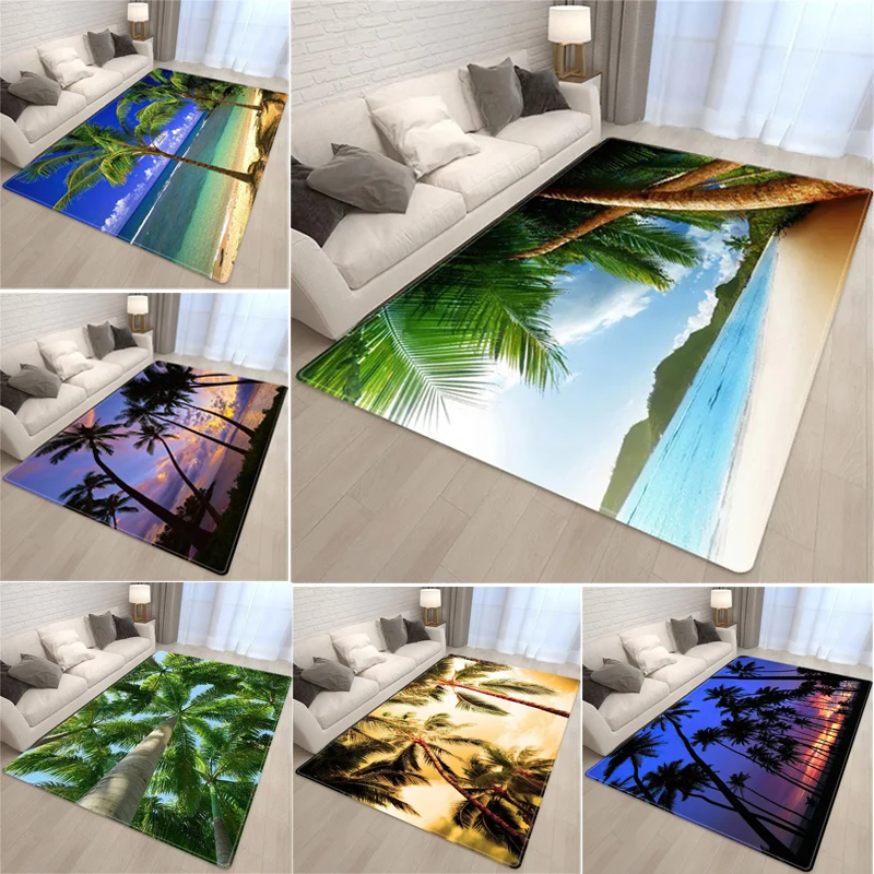 3D Printing Palm Tree Sea Beach Living Room Felt Carpet Non Slip Bedroom Floor Door Mats Sofa Coffee Table Rugs for Home Decor