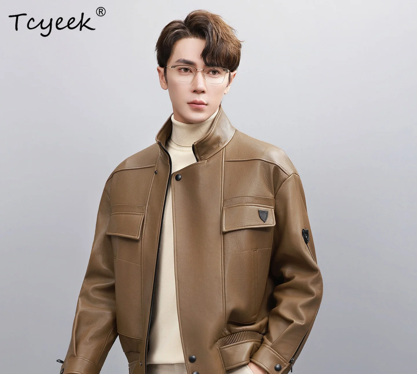 Tcyeek Natural Goatskin Real Leather Jacket Men Clothes 2026 Loose Fit Autumn Mens Coats Motocycle Coat Trendy Jaqueta De Couro