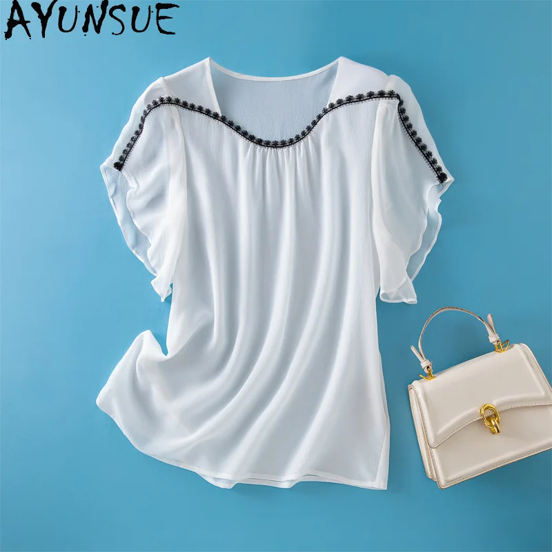 

AYUNSUE 100% Silk Women's T-shirts Solid Thin Tops for Woman Fashionable O-neck White Top Summer Clothes Woman 2026 Топ Женский
