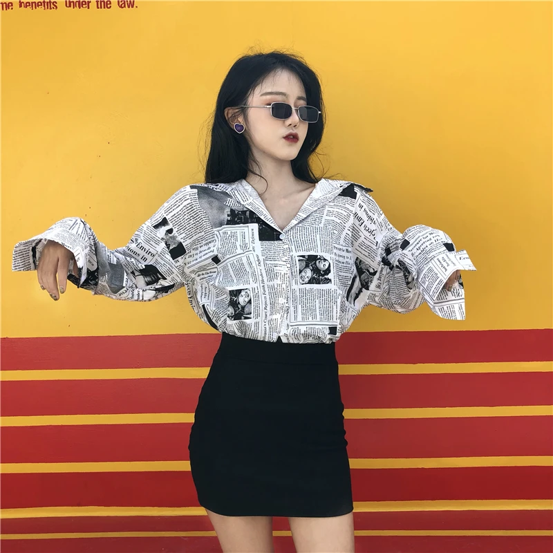 QWEEK Korean Harajuku Pattern Shirt Women Newspaper Print Long  Sleeve Top Office Ladies Spring 2021 Fashion Blouse Plus Size