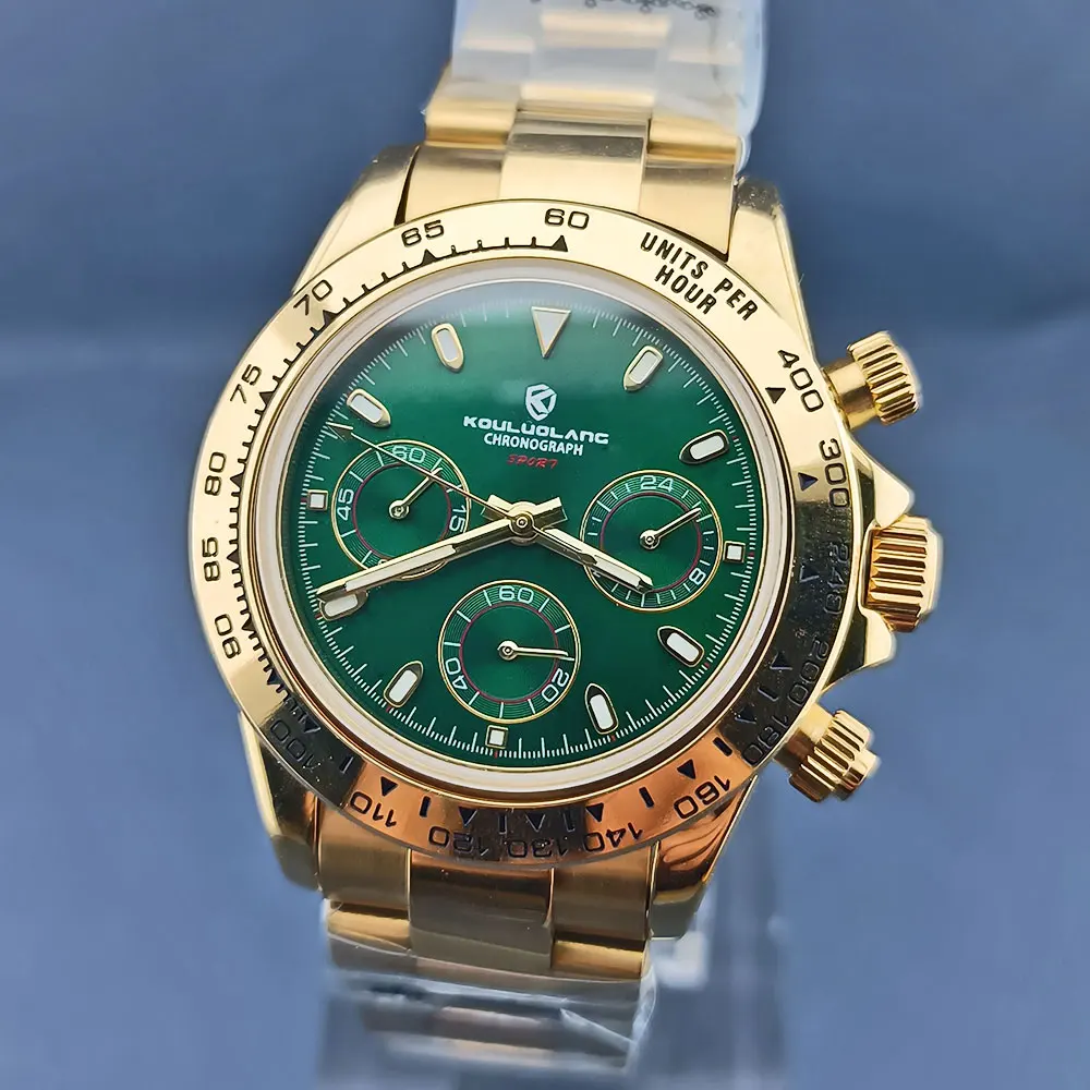 

40mm VK63 Quartz Men's Gold Watch Chrono Code Watch 316L Stainless Steel Sapphire Glass Green Luminous Dial Buckle Strap