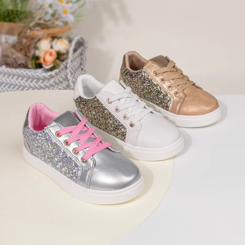 

Fashionable Girls' Sports Sneakers 2025 New Unisex Sequin Lace Up Flat Casual Shoes Versatile Solid Color Kids Skate Shoe