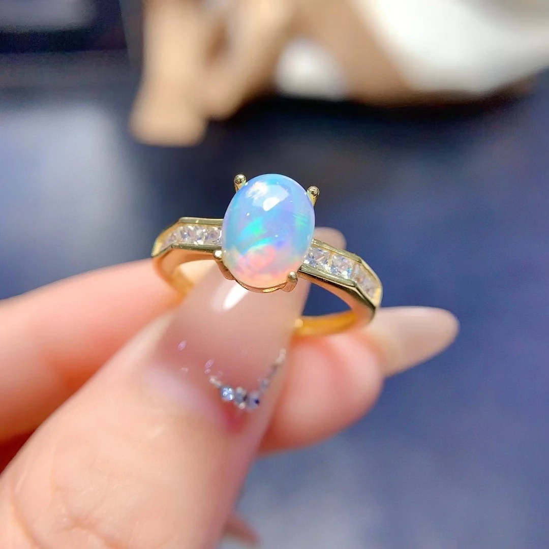 Brilliant Natural Opal Ring for Engagemennt 7mm*9mm 1.2ct Australian Opal Silver Ring Gold Plated Gemstone Jewelry Keep Shining