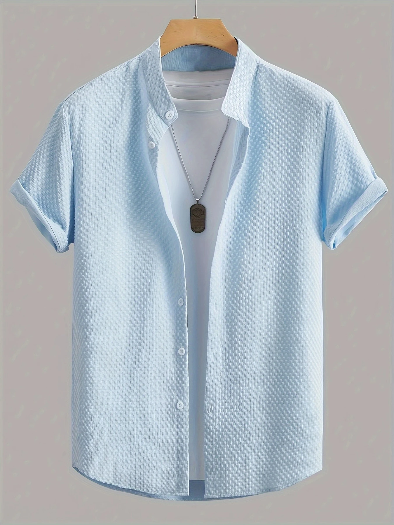 Men's Casual Solid Color Stand Short Sleeve Button Down Shirt Textured Collared Summer Beach Shirt