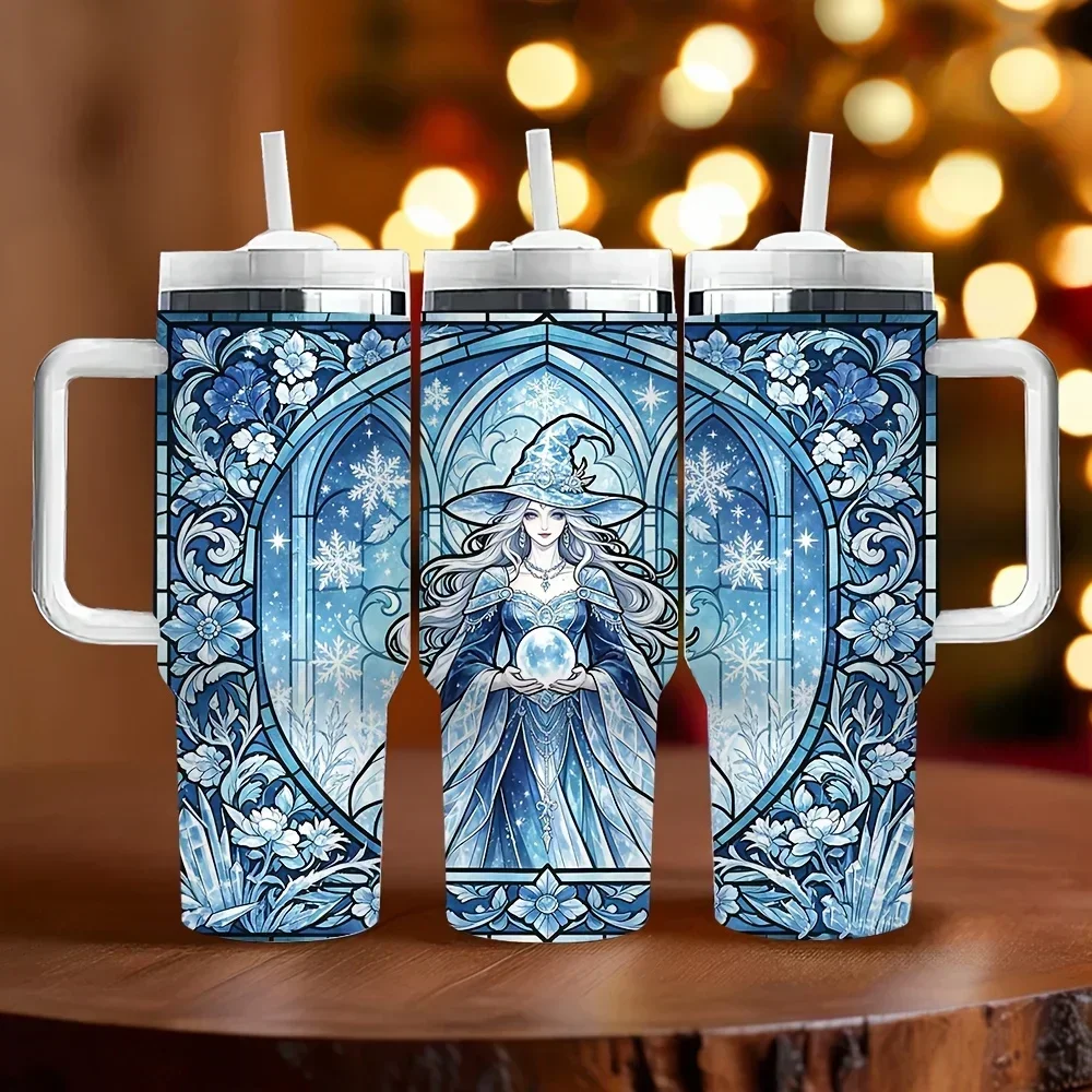 40oz Insulated Tumbler with Handle, Features Winter Ice Witch Stained Glass Print, Ideal Festival Birthday Gift for Witch Lovers, Suitable for Daily And Outdoor Use, Keeps Drinks Temperature for Long Time
