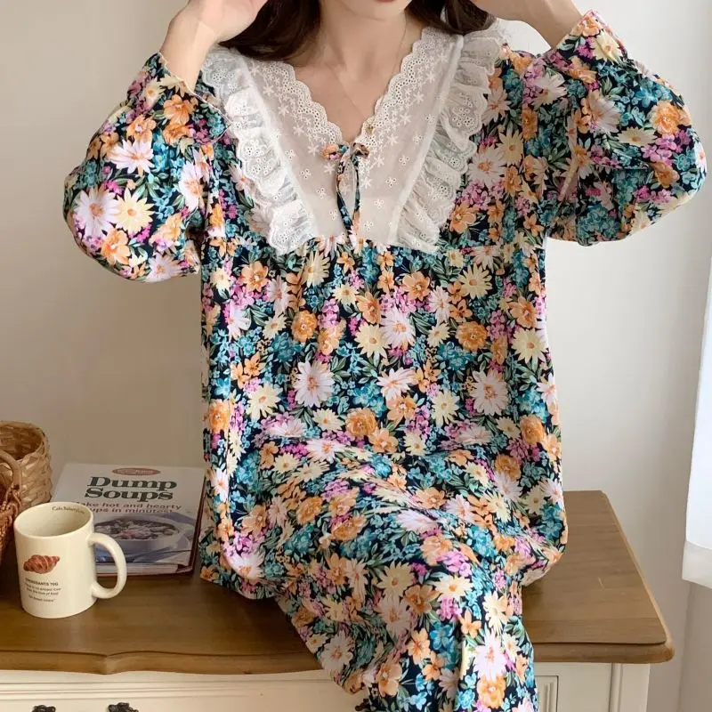 Pajama Sets Women Sweet Long Flare Sleeve Spring V-neck Lace Patchwork Home Bow Kawaii Student Girls Nightwear Loose Fashion