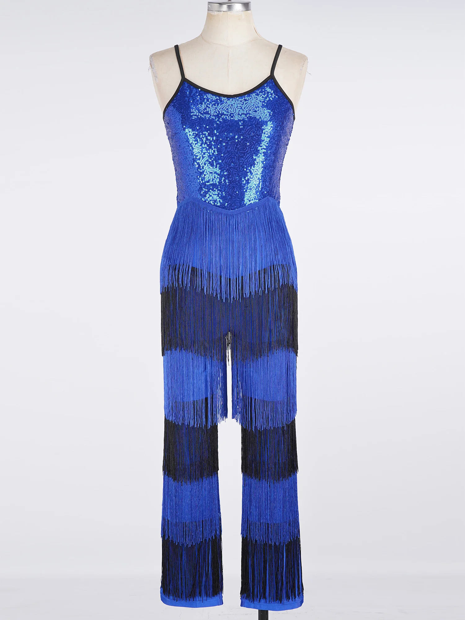 

Sexy Sequins Tiered Tassel Jumpsuit for Women Disco Latin Cha Cha Dance Performance Samba Fringe Pants Full Bodysuit Dancewear