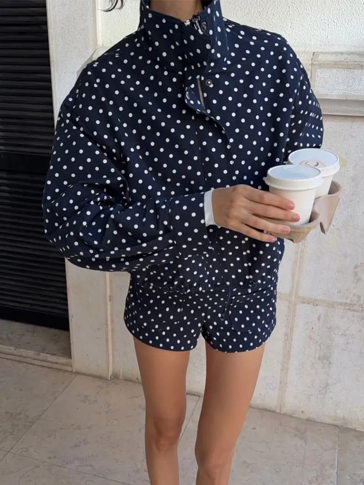 HH Polka Dot 2-Teiliges Set für Damen Übergroße Hochkragen-Jacke & Schlanke Hochtaillierte Shorts Streetwear Lässiges Passendes Outfit