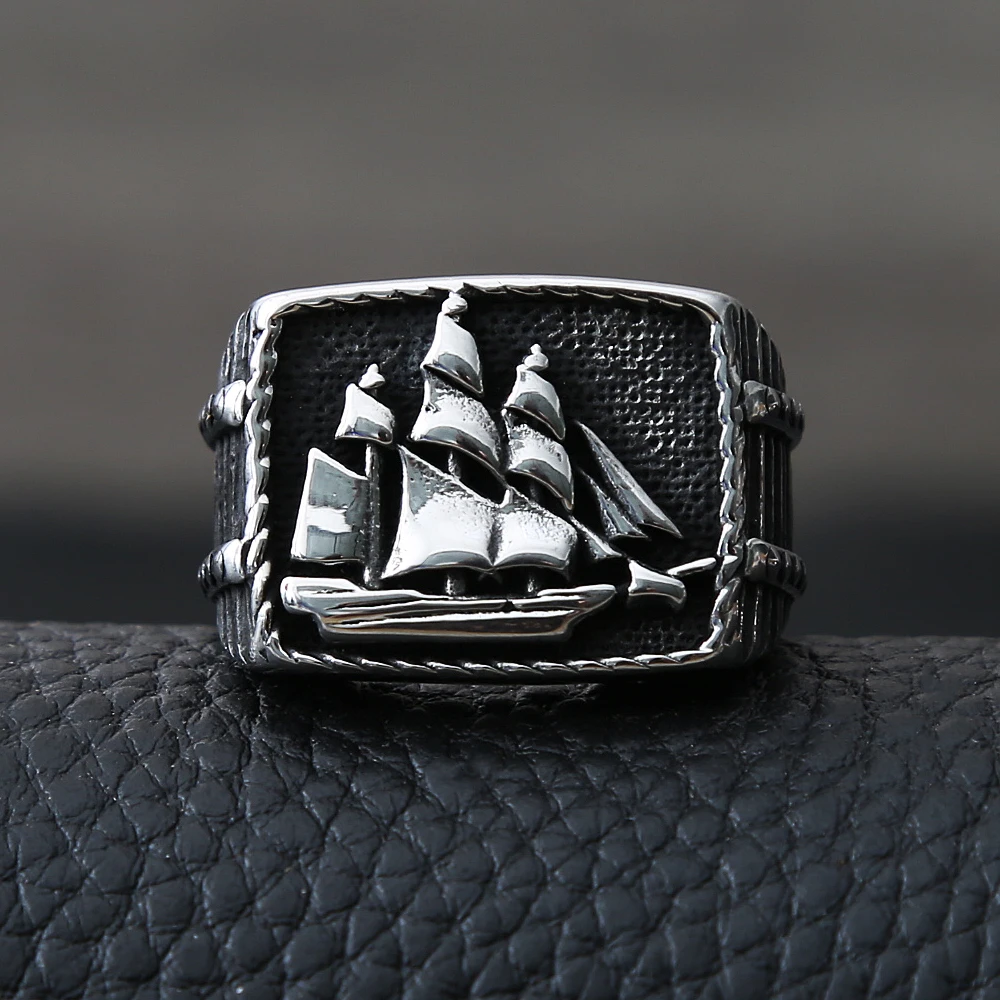 

Vintage Viking Pirate Sailboat Ring Men Biker Ring Stainless Steel Viking Ring Sailor Lucky Amulet Jewelry Gift Size 7-15