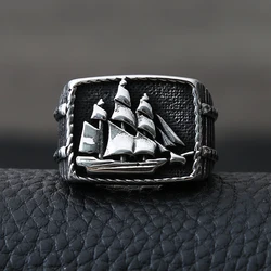 Vintage Viking Pirate Sailboat Ring Men Biker Ring Stainless Steel Viking Ring Sailor Lucky Amulet Jewelry Gift Size 7-15
