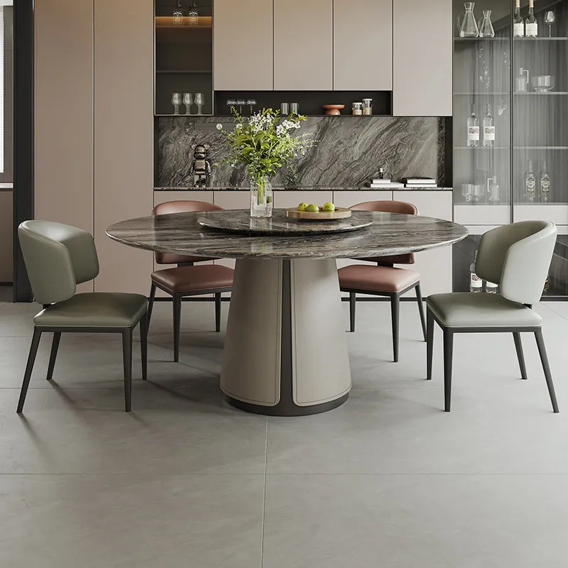 Luxury Round Marble Eating Furnish Center Tray Dining Desk Full Leather Wrapped Cone Base for High-End Villa Family Restaurant