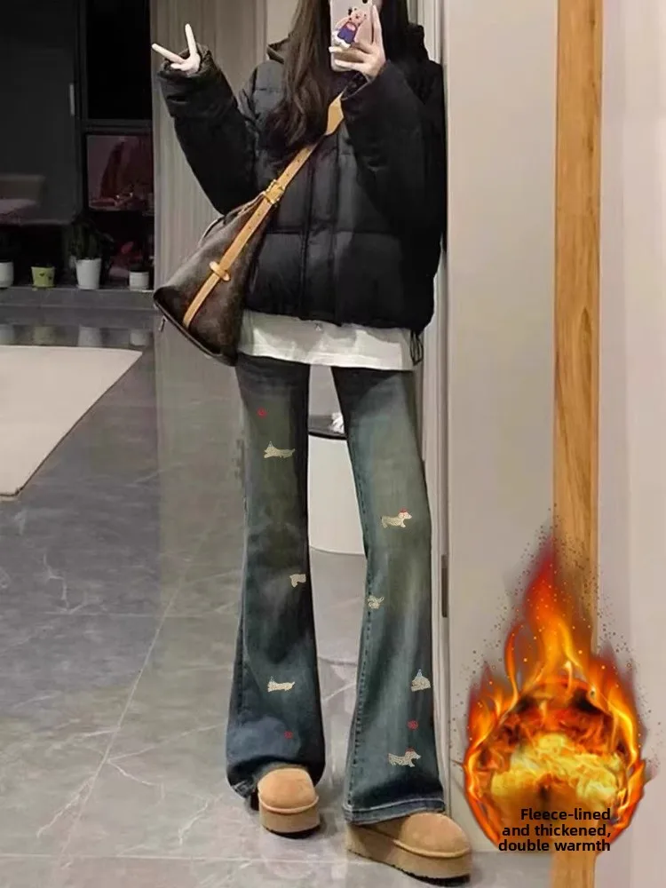 Plus Size Fce Foderato Thiened Micro Svasato Denim Jeans Donna Autunno Inverno Plus Size Vita alta Dimagrante Elastico dritto...