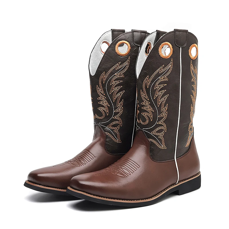 

Western Cowboy Boots for Men - Gold Embroidery Long Tube Leather Boots with Decorative Eyelets Pointed Toe Fashion Riding Boots