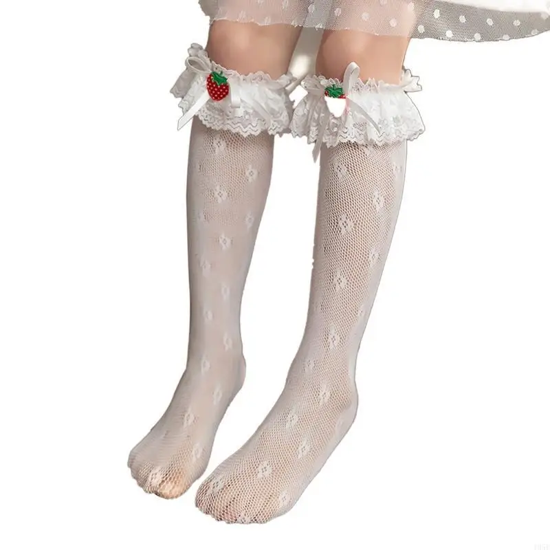 195E calcetines hasta rodilla encaje Floral verano para niñas, con lazo fresa bonitas con adornos volantes
