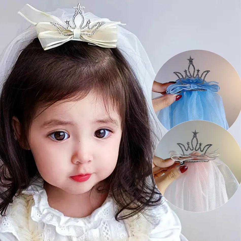 

Заколка для волос принцессы с кристальной короной для маленьких девочек, длинная сетчатая заколка для волос с бантом и жемчугом, головной убор для дня рождения, детский головной убор ZY02