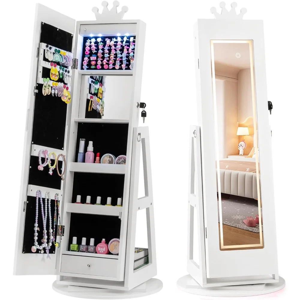 Kids Swivel Jewelry Cabinet with LED Lights, Rotatable Standing Jewelry Armoire w/Full-Length Mirror & Makeup Mirror