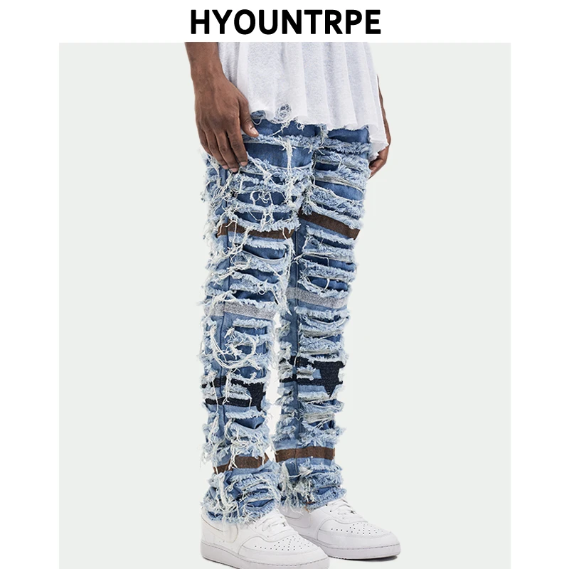 

Destroied Ripped Denim Jean Pants Men Distressed Washed Patchwork Biker Jeans Fashion Moustache High-street Slim Pants Joggers