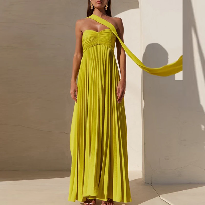 

Fashion Strapless High Waist Pleated Dress Ladies Sexy Off Shoulder Slim Evening Dress Casual Sleeveless Solid Swing Long Dress