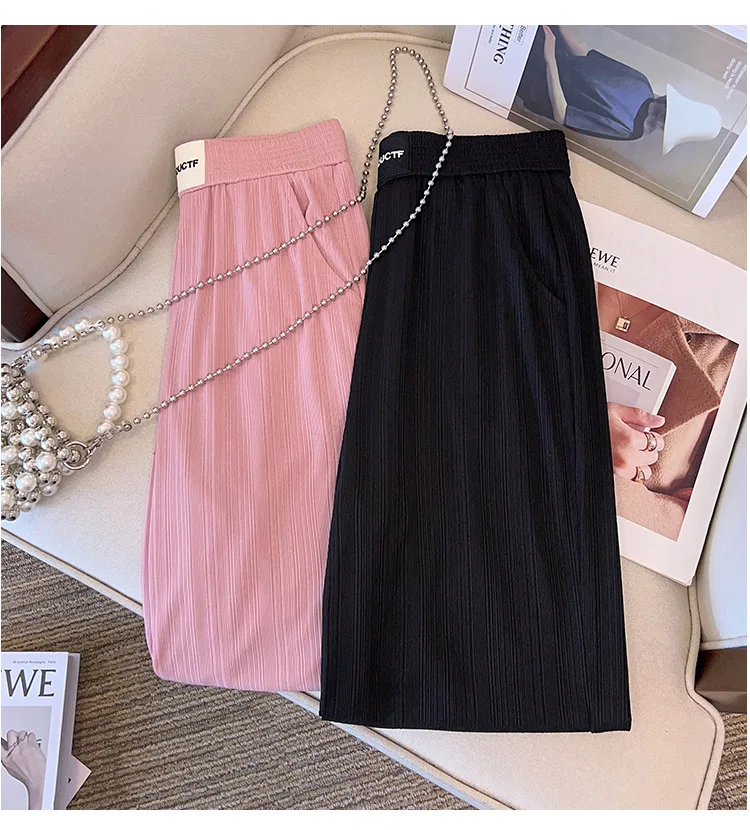 150Kg Plus Size Women\'s Hip 150-160 Summer Loose Straight Leg High Waisted Ice Silk Croppe Pants Black Pink 5XL 6XL 7XL 8XL 9XL