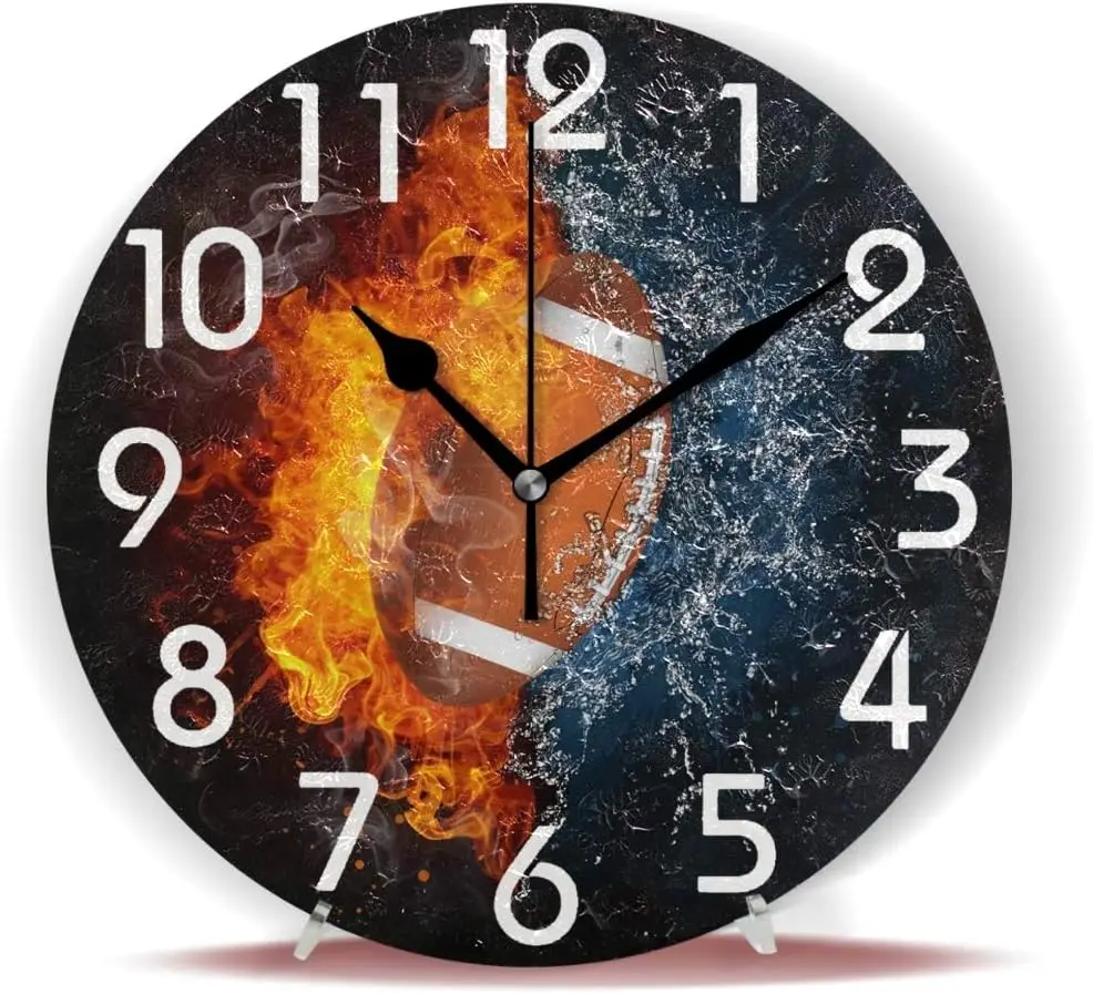 3D Magic American Football in Fire ans Water Print Round Wall Clock, 9.5 Inch Battery Operated Quartz Analog Quiet Desk C