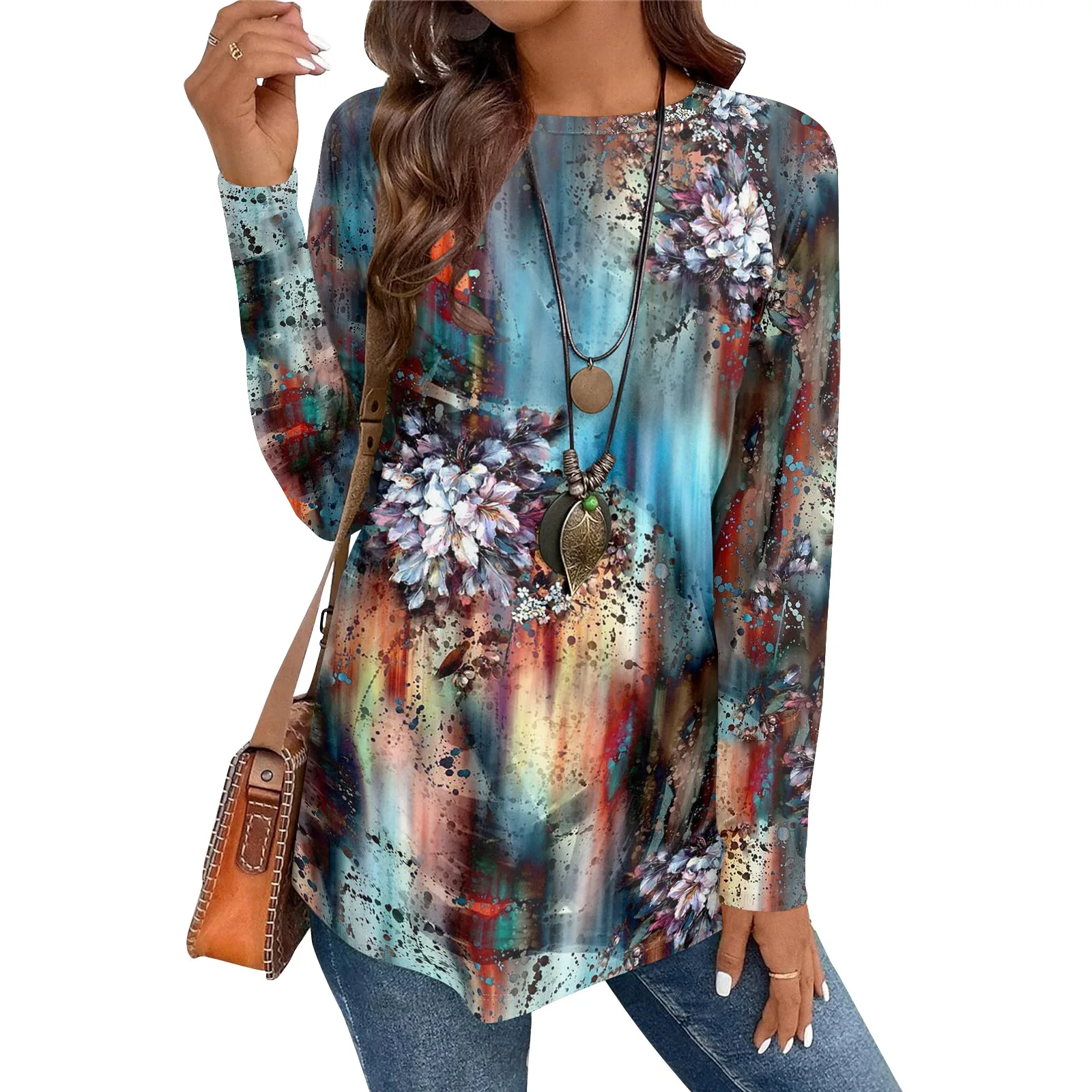 الرجعية المطبوعة نمط البلوز فضفاض جولة الرقبة طويلة الأكمام أعلى الربيع والخريف المرأة الأعلى في الهواء الطلق السترة الأعلى #3