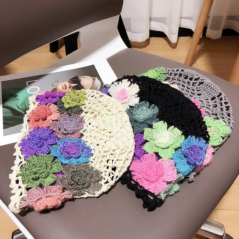 Spring and Summer New Style Literary and Artistic Colorful Flowers Hollow Baotou Cap Female Sweet Fashion Knitting Wool Cap Melo