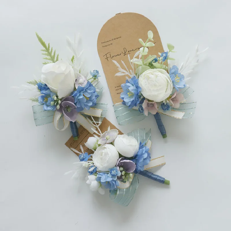 2432Wedding flower bouquet artificial flower business celebration opening guest corsage boutonniere handed flower blue