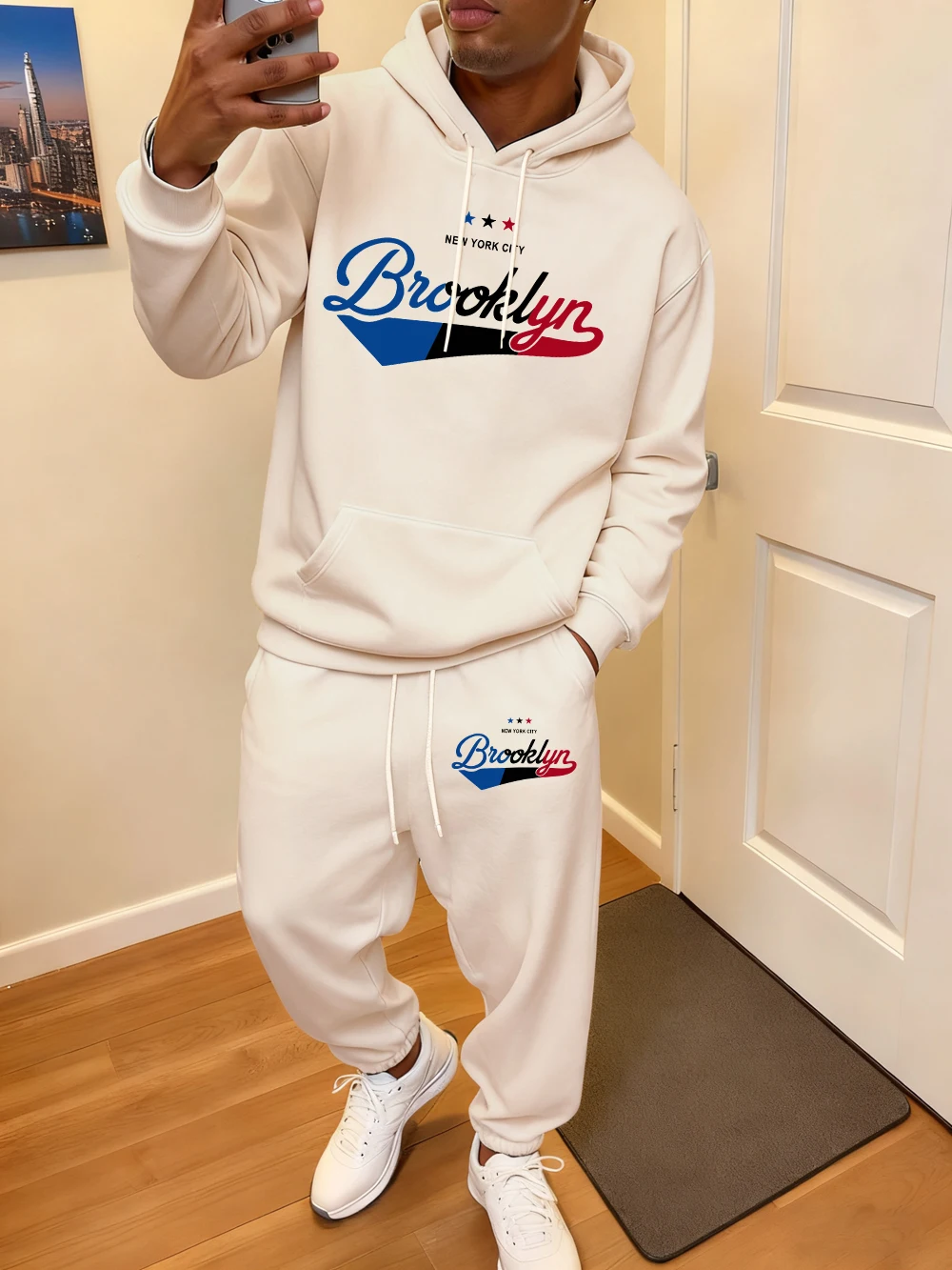 

2 Pcs Hoodie Set Men'S New York City Brooklyn Star Prints Sweatpants Sporty Pocket Loose Jogging Outfits Autumn Fleece Clothes