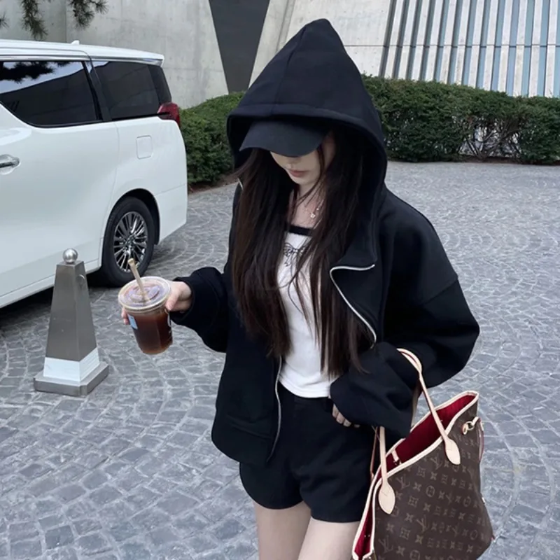 

Hooded Korean Fashion Cropped Sweatshirts Autumn Solid Color Hoodie Drawstring Pockets Loose Zipper Hoodies Female Sweatshirt