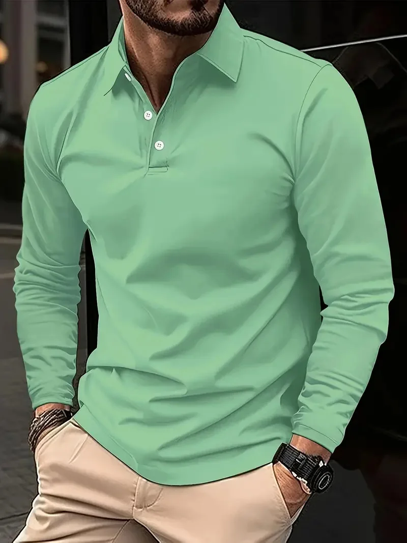 2025 Solid Color Button-down Polo Shirt European and American Men's Daily Casual Lapel Long-sleeved Polo Jersey