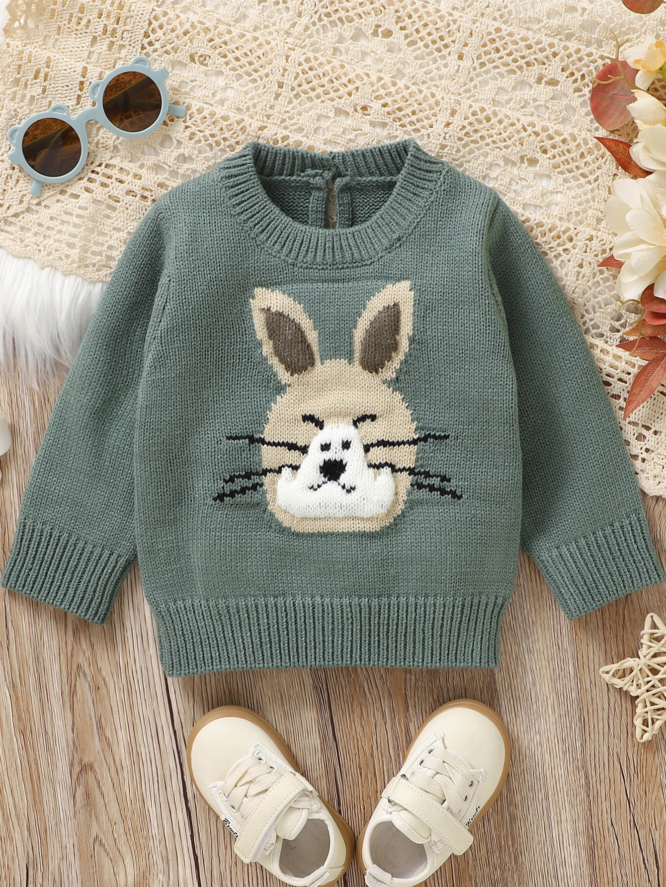 Casual Crew Neck Baby Boys Cartoon Rabbit Embroidered Knit Sweater for Fall Winter