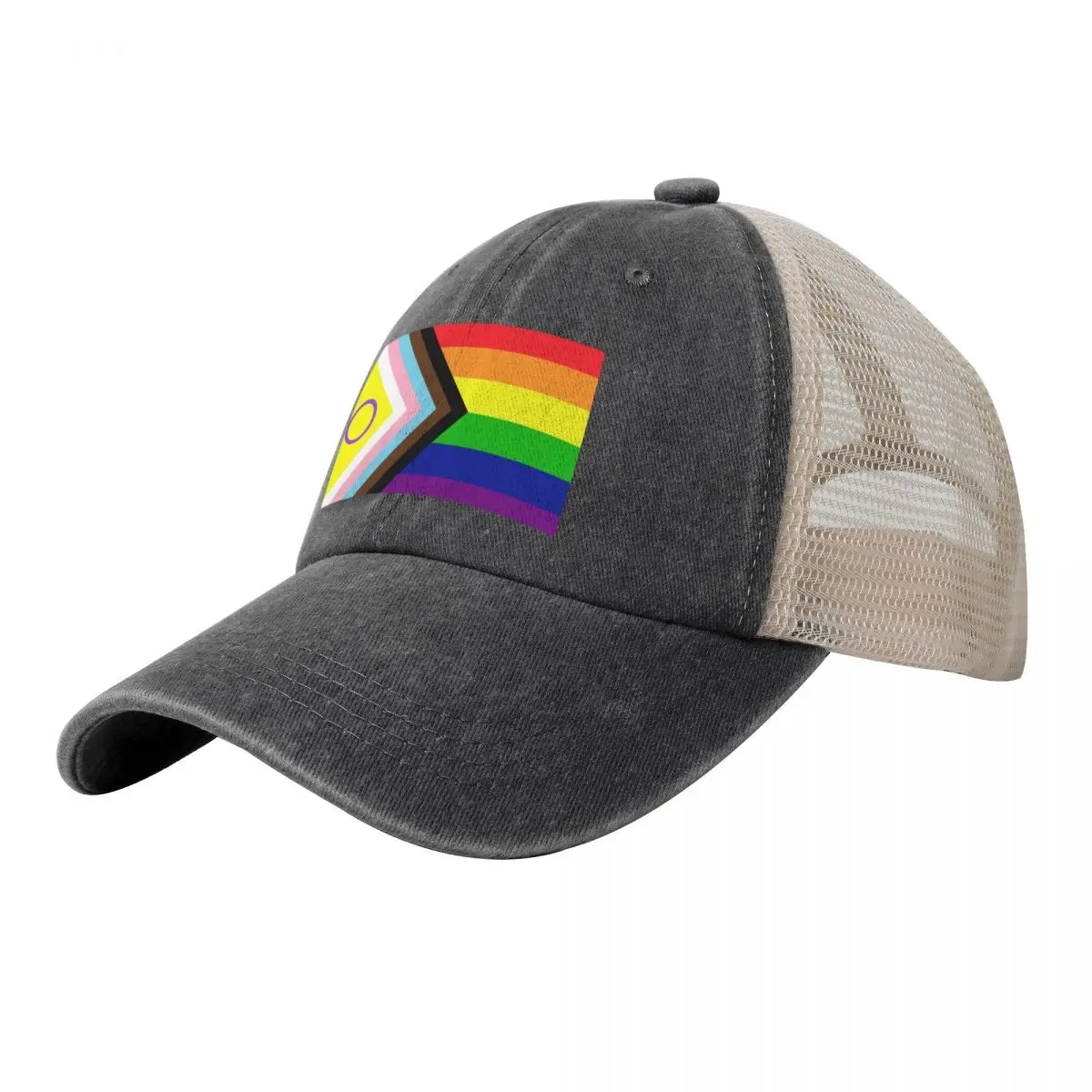 

2021 Intersex-Inclusive Progress Pride Flag Cowboy Mesh Baseball Cap fashionable Luxury Cap Sunhat Mens Hats Women's