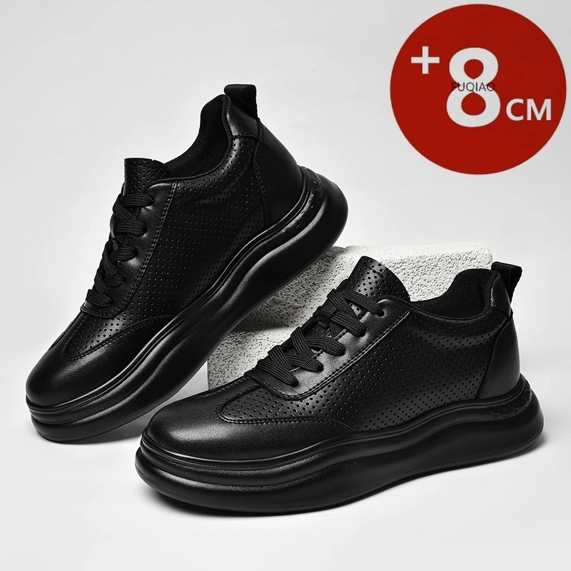 

Men Summer Breathable Hollow Out Height Increasing Shoes 8cm Hidden Lift Genuine Leather Elevator Sneakers Comfortable Non Slip