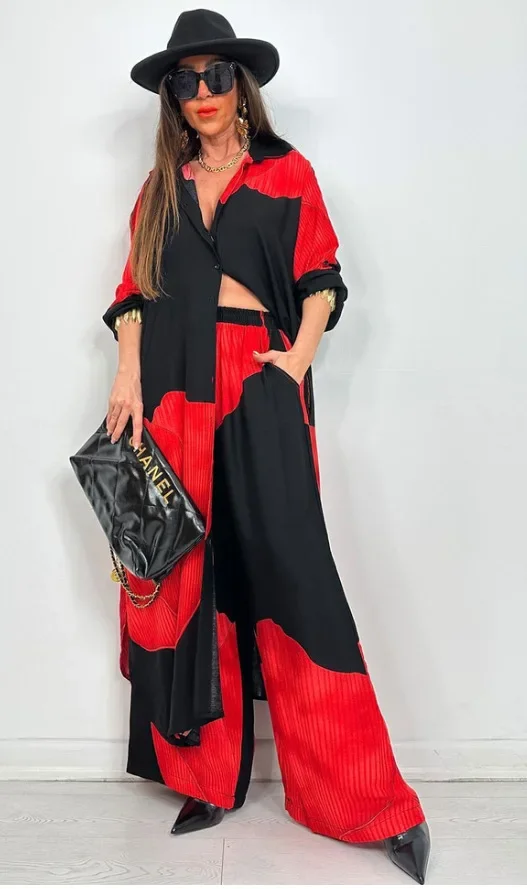 

Spring Summer Elegant Lady Set Fashion Printed Long Shirt Top + Wide Leg Pants 2-piece Outfit Casual Loose Oversized Women Sets
