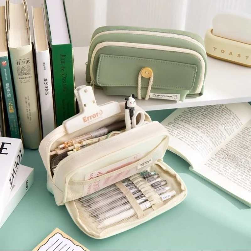Button Four Layer Pencil Bag Case Fits 40~50 Pens 20cm Ruler Canvas Pens Organizer Bag Pouch for Girls Students Portable