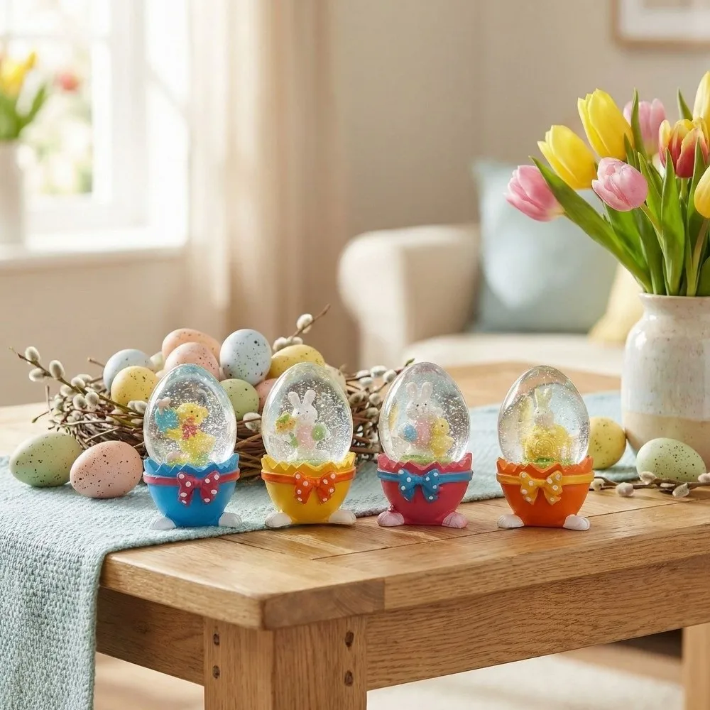 Cartoon Eggshell Shape Easter Egg Ornament Glass Handmade Crystal Ball Ornament Resin Bunny Rabbit Figurine Gift Giving