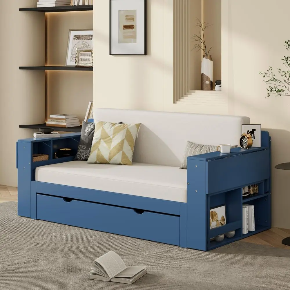 

Daybed with Removable Desk, Storage Drawers amp Hydraulic Side Table, Full Size, Blue