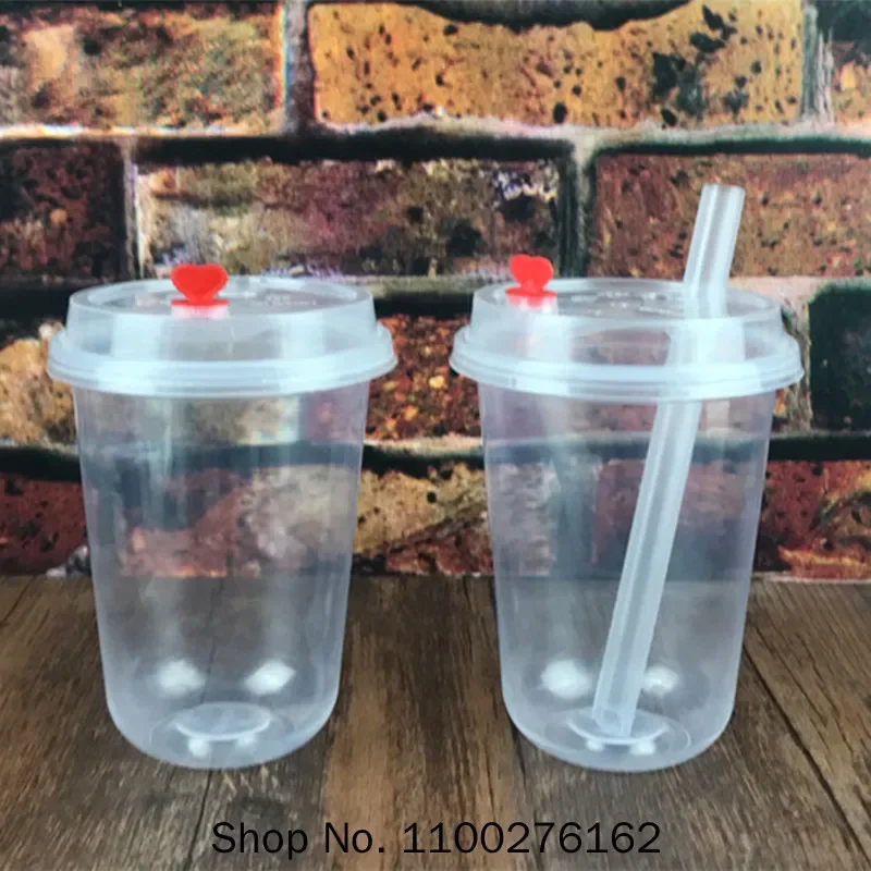 50pcs Net Red U Shape Transparent Plastic Cups 500ml Juice Cup Bubble Tea Cups Packaging Milk Tea Cup Dessert Cups with Lids