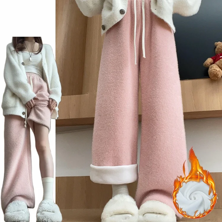 Pink Mink Velvet Fce Lined High Waist Dra Thiened Straight Leg Floor Length Pants Women's Autumn Winter New Arrival
