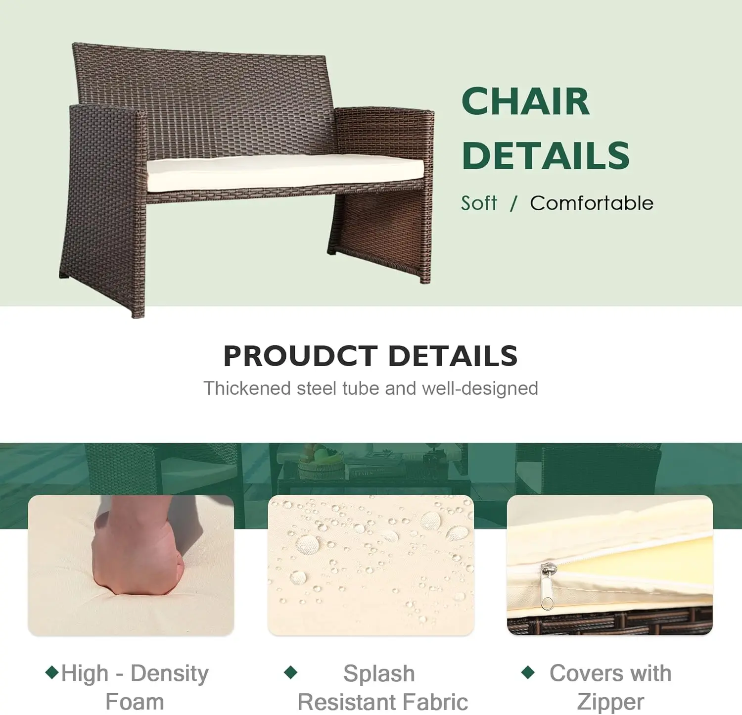 طقم محادثة للفناء مكون من 4 قطع، أثاث فناء خارجي، روطان أسود + أزرق مع وسادة زرقاء #3