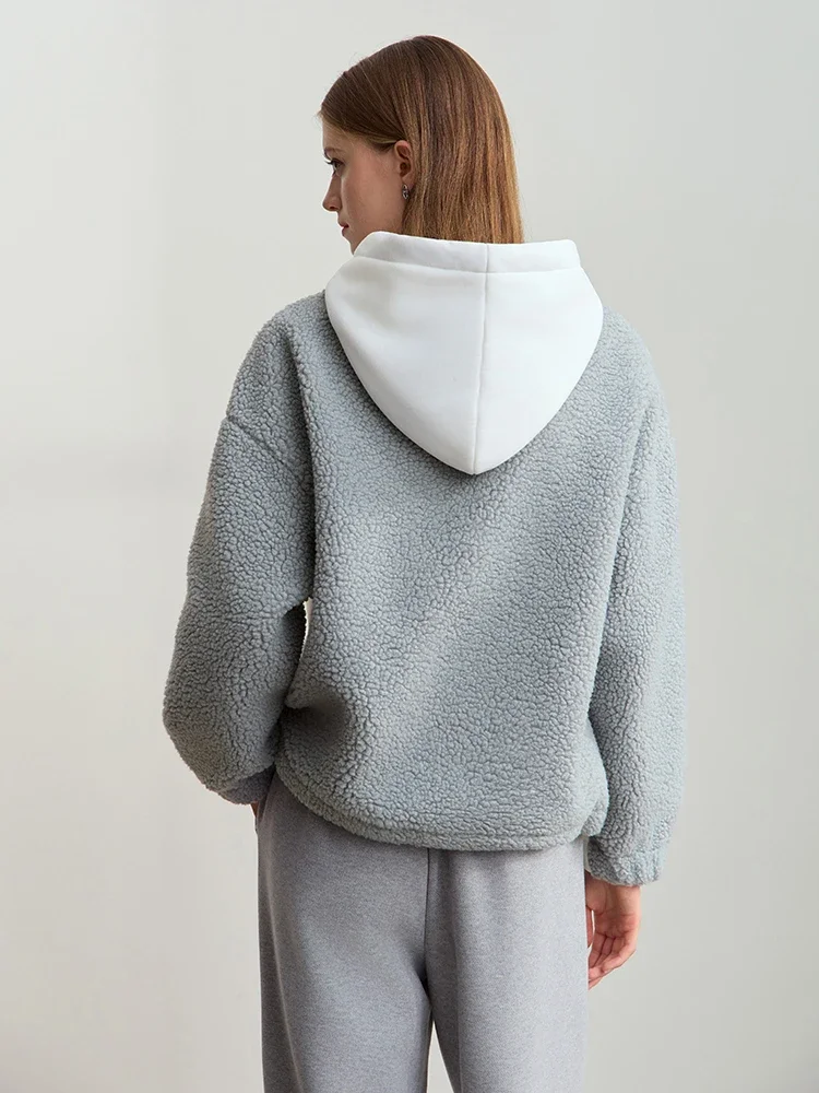 Amii Drawstring Hooded Splicing Imitation Lamb Wool Sweatshirt Embroidered 2024 Winter Women\'s Loose Thermal Tops 12444131