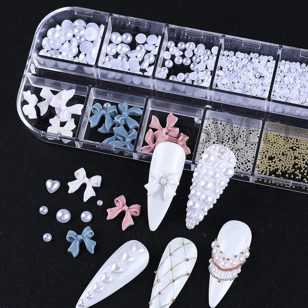 12Grids Bow 3D Nail Art Decorations White Pearls Nail Charms Designs DIY Pink Bowknot Steel ball Nail Parts Manicure Accessorie