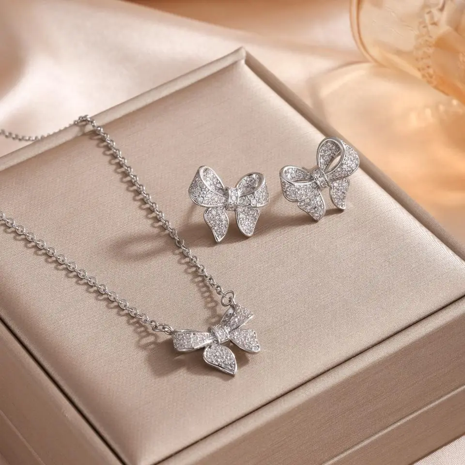 ZAKOL Sweet Cute Bow Women's CZ Zircon Earrings Necklace Two-piece Set Simple Fashion Charming Jewelry Sets Female