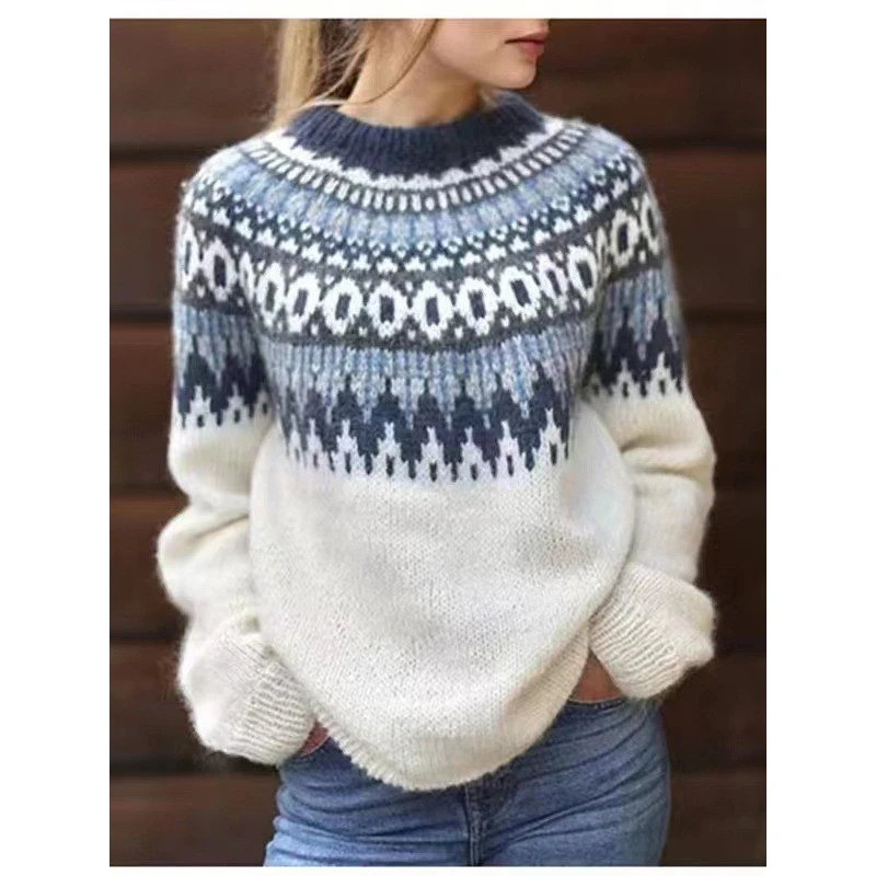 

Hot-Selling Warm Vintage Casual Jacquard Crew Neck Sweater Fancy Knitwear Sweater Autumn Women Perfect Autumn Clothes