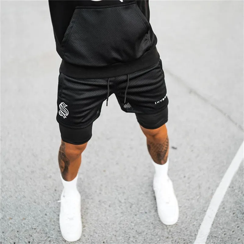 Men's Double Layer Jogger Shorts 2 in 1 Short Pants Gyms Fitness Built-in Pocket Bermuda Quick Dry Beach Shorts Male Sweatpants