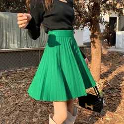 Women Skirt Short Green Beige Black Knitted Pleated Skirt A-Line High Waist Korean Spring Autumn Winter Skirt mujer faldas