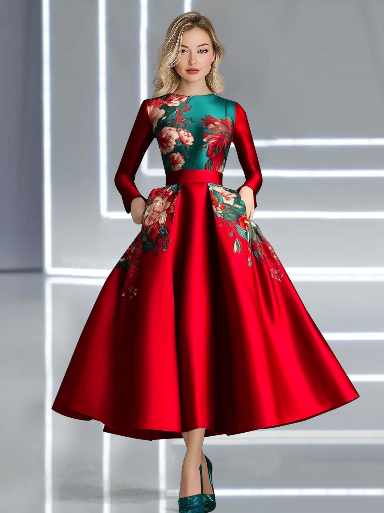 

Elegant Women's Prom Dresses Floral Printed Round Neck Mid-Length Waisted Evening Party Dress Long Sleeve Women's Midi Dress