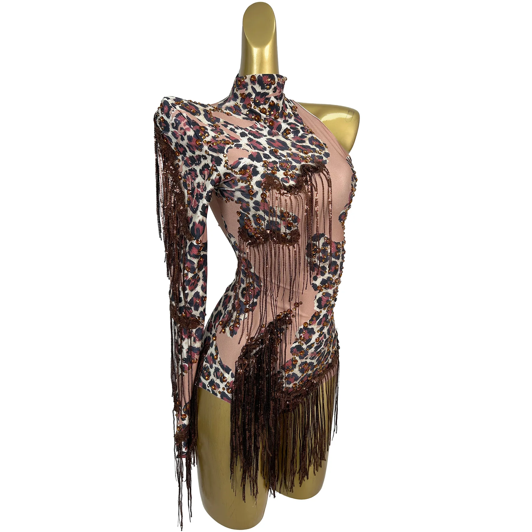 Fashion Leopard Print One Shoulder Rhinestone Tassel Bodysuits Women Tassel One Piece Jumpsuits Show Dancer Festival Clothing