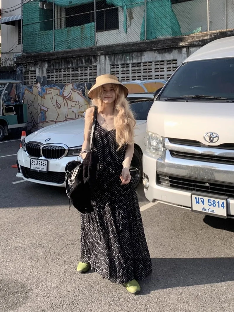 

Slimming Polka Dot Strap Dr Vaion Sle plus Size Loose Long V Ne Footl Women's Casual Summer Dr