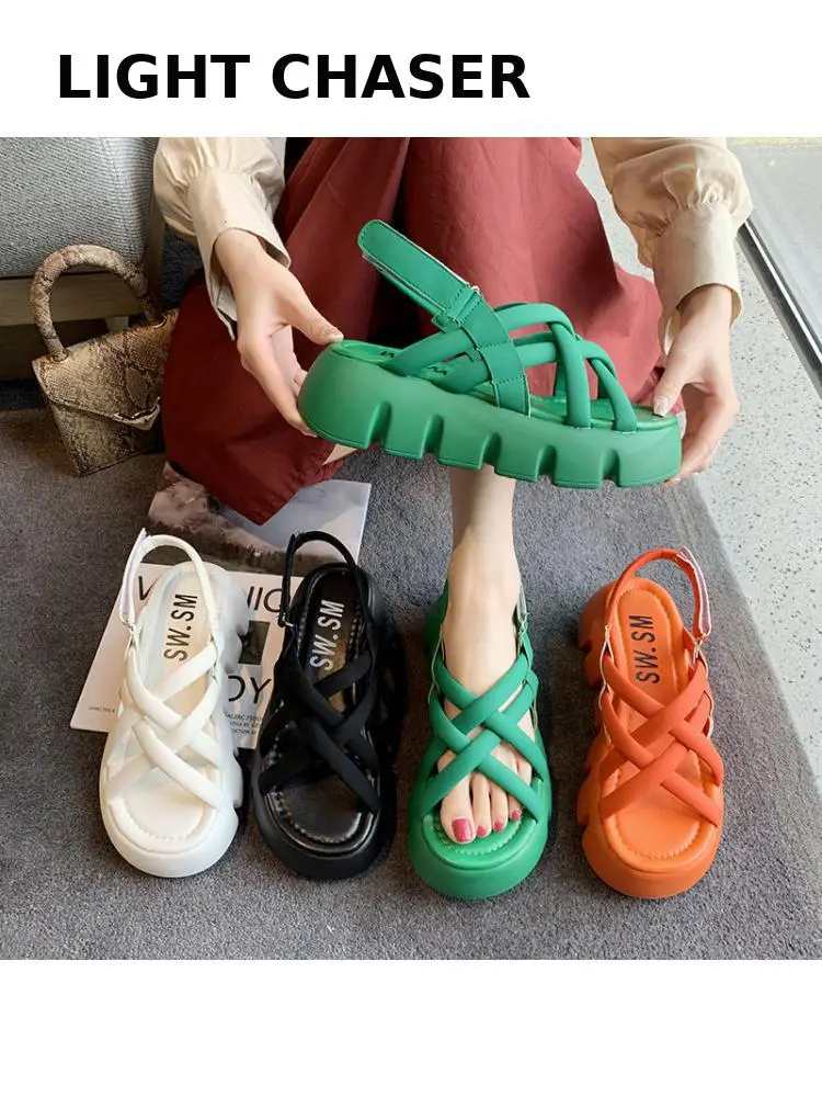 

Women's Sandals Summer 2022 New Green Cross Strap Thick Sole Muffin Women's Sports Sandals Roman Shoes Flat Casual Beach Shoes